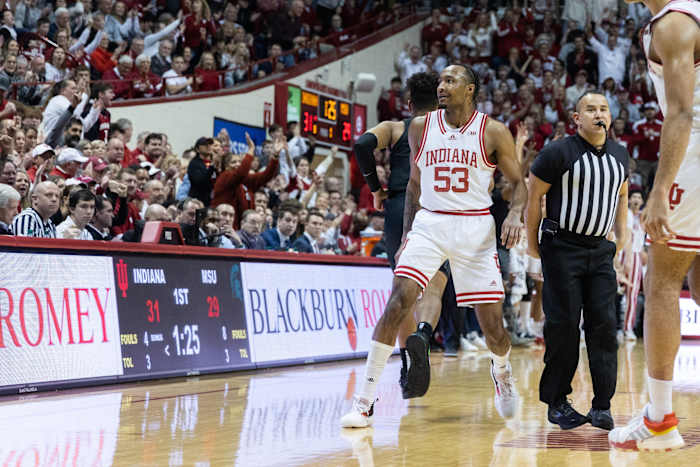 Indiana Hoosiers guard Tamar Bates (53) celebrates a three point basket in the first half against the Michigan State Spartans.